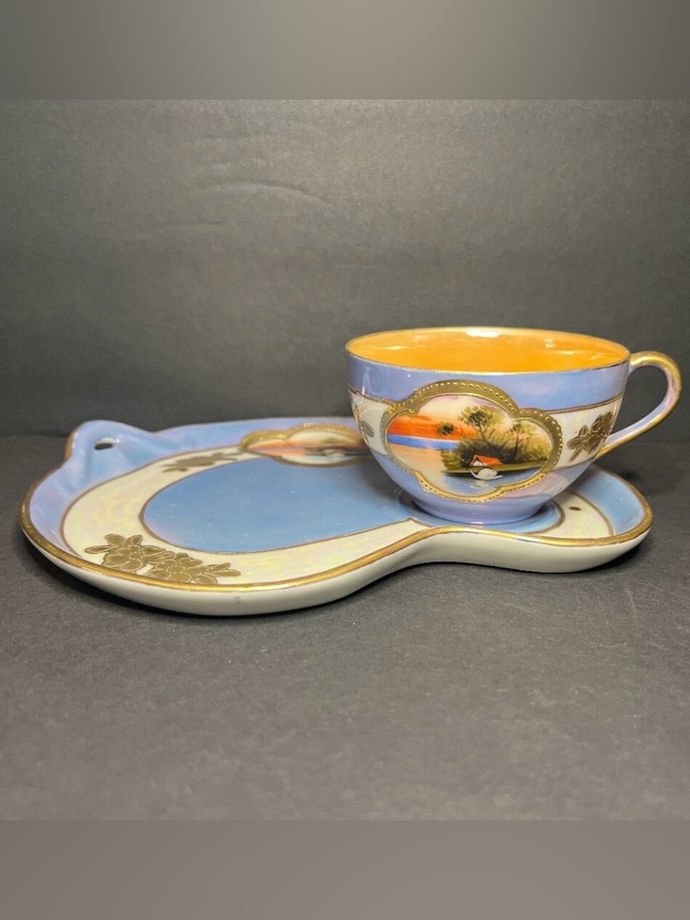 Vintage Takito Japanese Lustreware Porcelain Swan Scene Teacup & Snack Plate Set